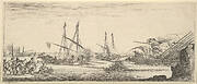 A naval battle, a rowboat full of men to left, a sinking ship to right, two galleys battling in center, other ships battle to left in the background, from 'Various landscapes' (Divers paysages)