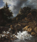 Waterfall with a Half-Timbered House and Castle