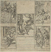 Five numbered scenes, each after a painter in the Accademia Degl'Incamminati, from IL FUNERALE D'AGOSTINO CARRACCIO FATTO IN BOLOGNA SUA PATRIA DAGL'INCAMINATI Academici del Disegno: 1. Ceres lamenting the death of Carracci before Jupiter, painted by Ippolito Ferrantini; 2. Personification of Painting entrusting Carracci's body to Fame, painted by Giovanni Battista Bertusi; 3. The Fates leading the blindfolded Carracci to the foot of Jupiter's throne, painted by Lucio Massari; 4. Three rivers representing the cities of Bologna, Rome and Parma (Reno, Tiber and Parma) with Fame at left, designed by Sebastiano Razzali and painted by Baldessare Aloisi Galanini; 5. Agostino Carracci abducted by Mars who is jealous of the artist's portrait of Adonis made for a Farnese gallery panel, painted by Giovanni Battista Busi.