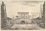 The villa at center flanked by four obelisks, a staircase to either side, a statue in a niche in center of staircases, various figures and dogs below, from 'Views of the villa at Pratolino' (Vues de la villa de Pratolino)