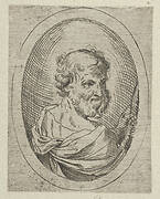 Saint Simon seen from behind, turning to the right and holding a saw, in an oval frame, from Christ, the Virgin, and Thirteen Apostles