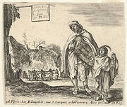 Plate 1: a man sings and plays the hurdy gurdy, accompanied by a boy playing the triangle to right, a group of peasants dancing in a ring to left in background, title page for 'Diversi capricci'