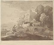 Wooded Landscape with Herdsman Driving Cattle over a Bridge, with Rustic Lovers and Ruined Castle