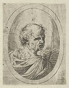 An apostle seen from behind and turning to the right, holding an open book, in an oval frame, from Christ, the Virgin, and Thirteen Apostles