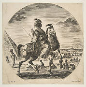 Moorish horseman in profile facing right, in the background a pyramid at left, many figures and an elephant, from 'Figures on Horseback' (Cavaliers nègres, polonais et hongrois)