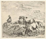 Plate 7: two horses ascending the bank of a river at right, following a procession of horses and one horseman to the left, from 'Diversi capricci'