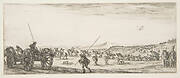 A procession of horsemen and cannons in the middle ground walking to the left, a cannon and two men to left, from 'Peace and War' (Divers desseins tant pour la paix que pour la guerre)