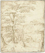 Pad door het bos met drie figuren