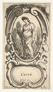 Summer, a woman, crowned with corn, standing in a cornfield with corn in her right hand and a scythe in her left hand, within a cartouche topped with corn, from 'The four Seasons' (Les quatre Saisons)