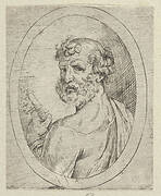 Saint Peter seen from behind, turning to face outwards and holding a key, in an oval frame, from Christ, the Virgin, and Thirteen Apostles