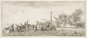 Naval battle, a rowboat filled with people fighting with muskets to left, people drowning in the sea in the center and right foreground, a ship on its side and burning in the background, from 'Peace and War' (Divers desseins tant pour la paix que pour la guerre)